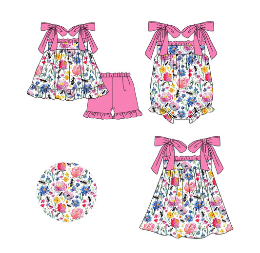11.15 custom each style moq 5eta 4-6week Sibling Sister floral baby girl short sleeve shorts sets and dress and rompers match family design