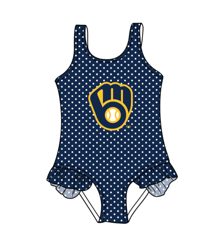 Custom moq 5 mix size milk silk summer teams Navy Blue Baby Girl Sleeveless Polka Dot Lace Onesie Swimsuit Cute Summer Beachwear for Little Girls