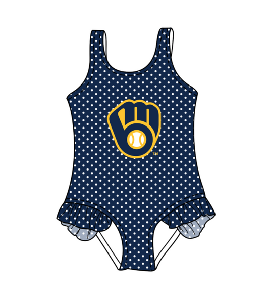 Custom moq 5 mix size milk silk summer teams Navy Blue Baby Girl Sleeveless Polka Dot Lace Onesie Swimsuit Cute Summer Beachwear for Little Girls