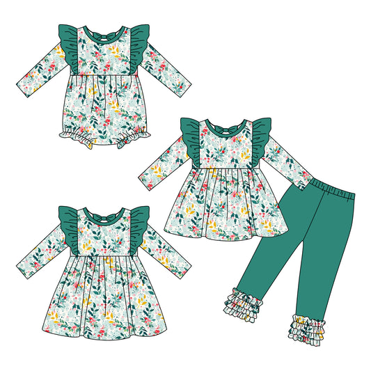 25.6.13 custom each style moq 5eta 4-6week Sibling Sisters floral baby girl long sleeve pants sets and dress and rompers match family design