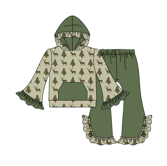 5.31 custom each style moq 5 eta 4-6week baby girls clothes christmas green girls hooded long sleeve lace pants outfits