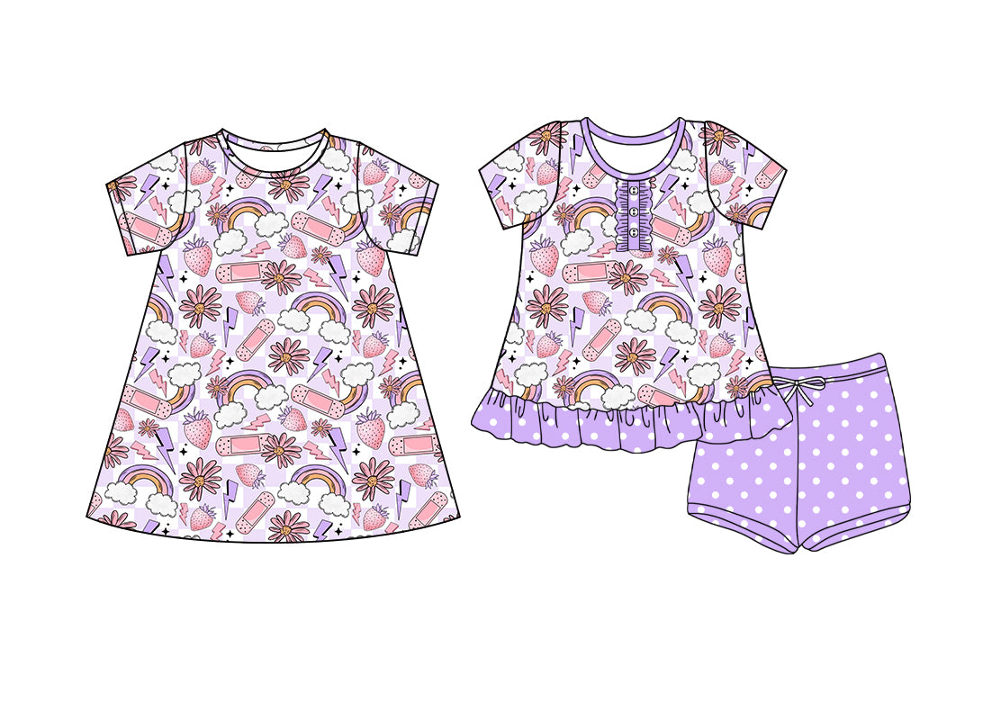4.9 custom each style moq 5eta 4-6week Sibling Sister rainbow strawberry baby girl short sleeve shorts sets and dresses match design