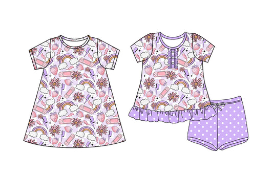4.9 custom each style moq 5eta 4-6week Sibling Sister rainbow strawberry baby girl short sleeve shorts sets and dresses match design