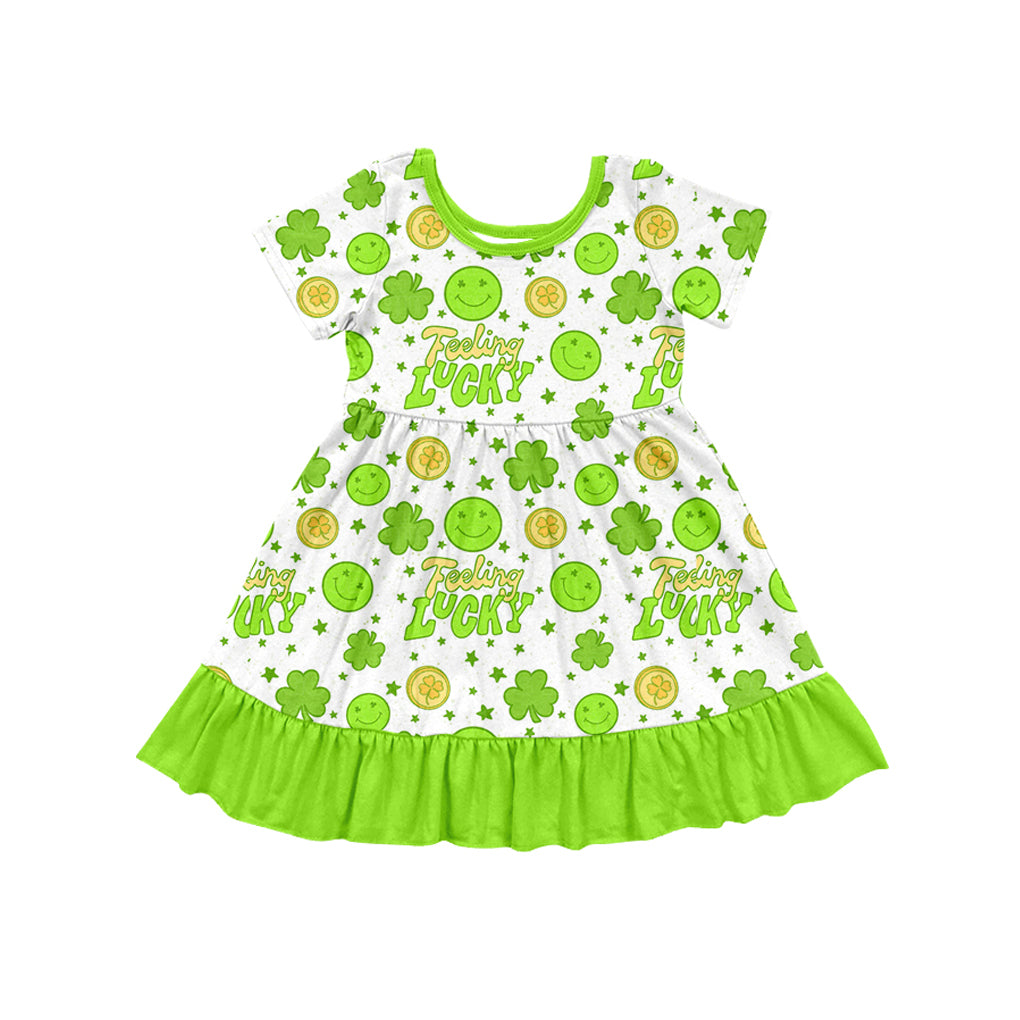 10.18 custom each style moq 5eta 4-6week Sibling Sister LUCKY Four Leaf Clover bright green baby girl sets and dress and rompers match family design