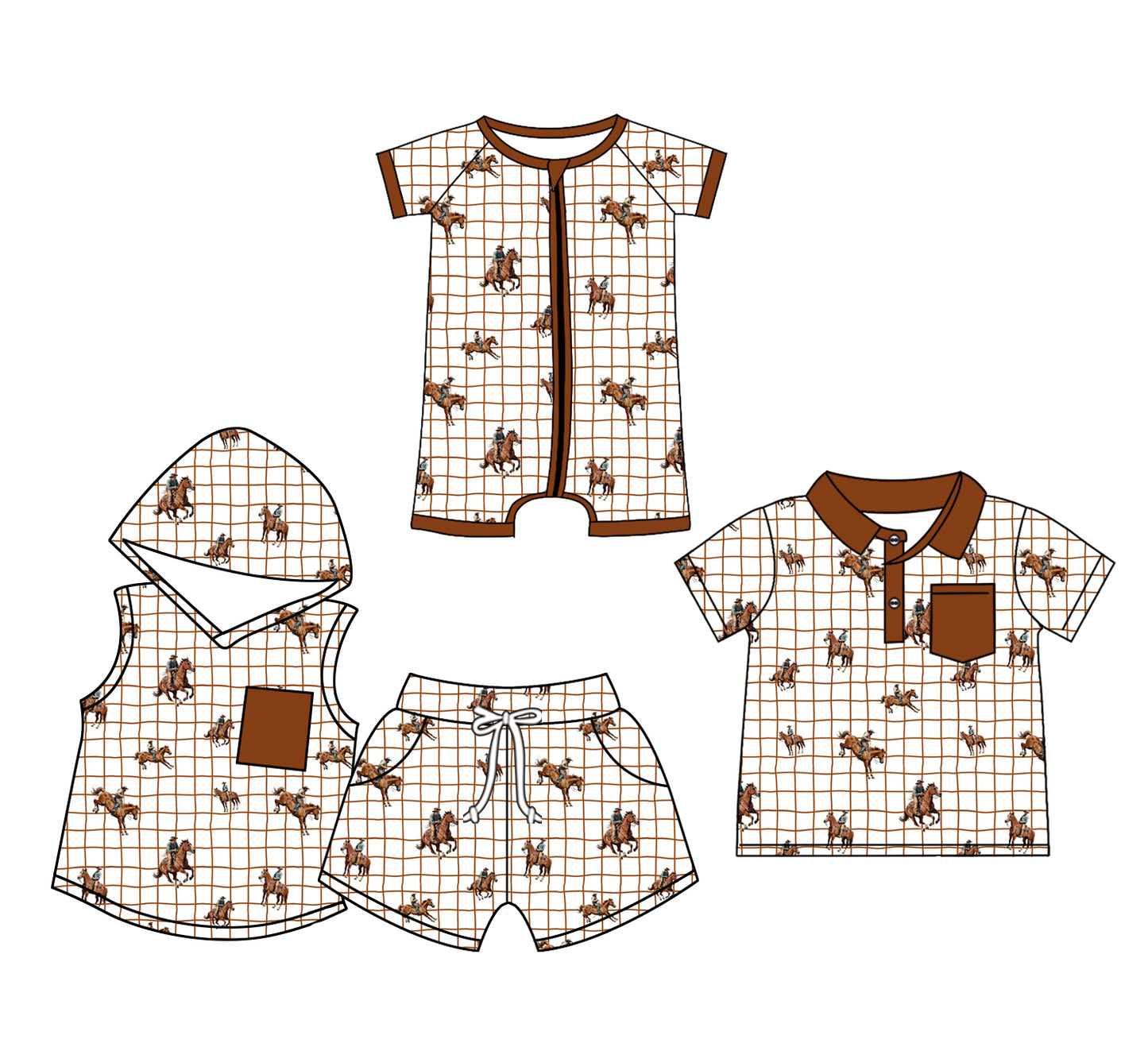 25.10.31 custom each style moq 5 eta 6-8 week Sibling Sister riding horse baby boy hooded short sleeve shorts sets and boy rompers and top match family design