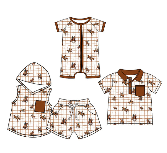 25.10.31 custom each style moq 5 eta 6-8 week Sibling Sister riding horse baby boy hooded short sleeve shorts sets and boy rompers and top match family design