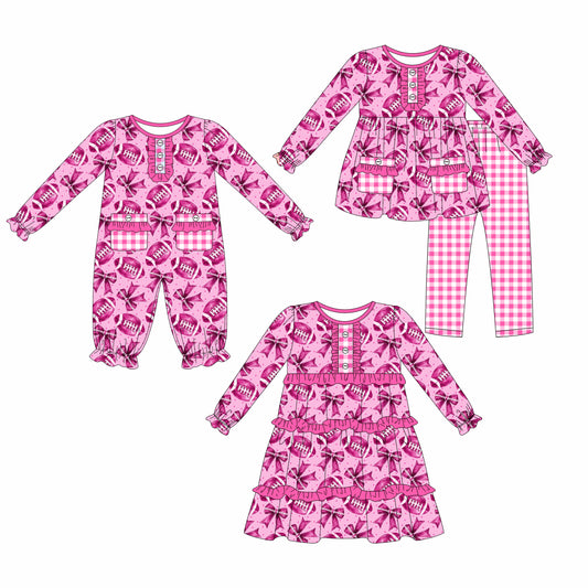 25.8.19 custom each style moq 5eta 4-6week Sibling Sisters rugby bow baby girl long sleeve pants sets and dress and rompers match family design