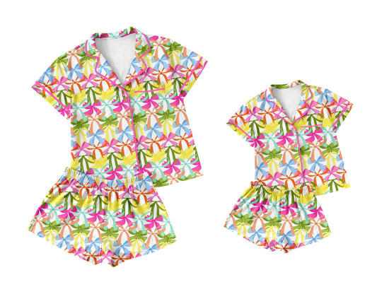 3.12 custom each style moq 5eta 4-6week Sibling Sister bow short sleeve shorts sets and adult sets match design