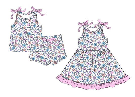 4.15 custom each style moq 5eta 4-6week Sibling Sister floral baby girl short sleeve shorts sets and dresses match design
