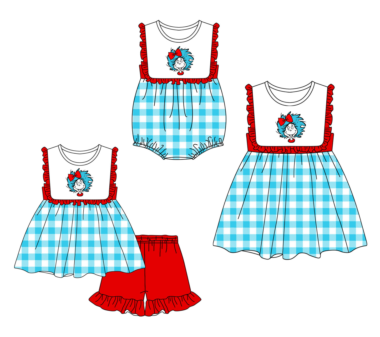 12.6 custom each style moq 5eta 4-6week Sibling Sister dr seuss baby girl short sleeve shorts sets and dress and rompers match family design