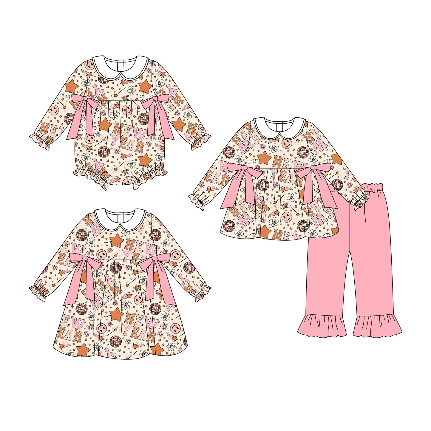 25.8.13 custom each style moq 5eta 4-6week Sibling Sisters NEW YEAR baby girl long sleeve pants sets and dress and rompers match family design