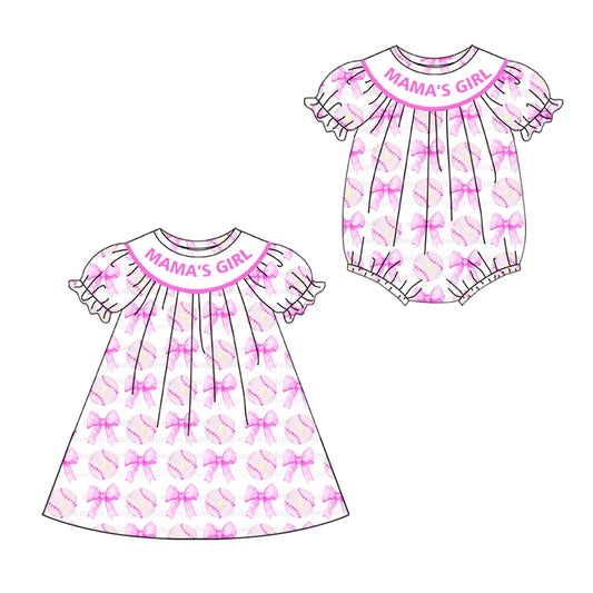 4.19 custom each style moq 5eta 4-6week Sibling Sisters MAMA GIRL baseball bow baby girl short sleeve dress and rompers match family design