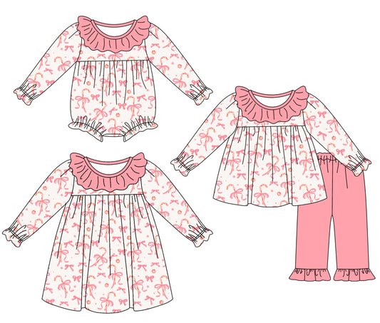 25.7.10 custom each style moq 5eta 4-6week Sibling Sisters bow pink baby girl long sleeve pants sets and dress and rompers match family design