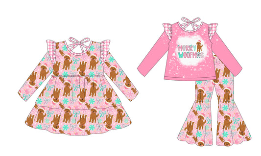 25.8.27 custom each style moq 5eta 4-6week Sibling Sisters Christmas puppy bow baby girl long sleeve pants sets and dress match family design