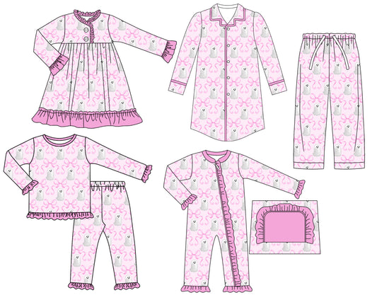 25.6.23 custom each style moq 5eta 4-6week Sibling Sisters ghost bow baby girl long sleeve pants sets and adult top and adult pants and romper and dress match family design