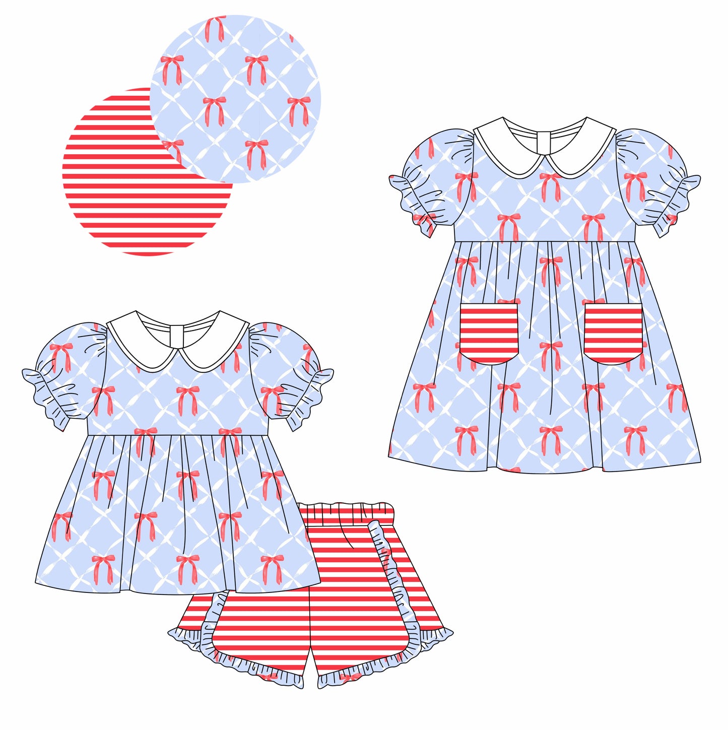 11.13 custom each style moq 5eta 4-6week Sibling Sister bow baby girl short sleeve shorts sets and dresses match design