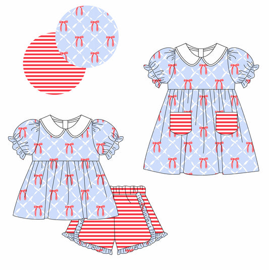 11.13 custom each style moq 5eta 4-6week Sibling Sister bow baby girl short sleeve shorts sets and dresses match design