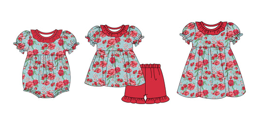 12.12 custom each style moq 5eta 4-6week Sibling Sister floral baby girl short sleeve shorts sets and dress and rompers match family design