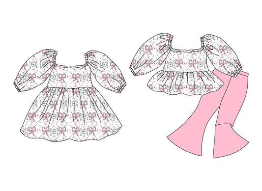 25.12.11 custom each style moq 5 eta 6-8week Sibling Sister bow floral baby short sleeve pants sets and dress match design