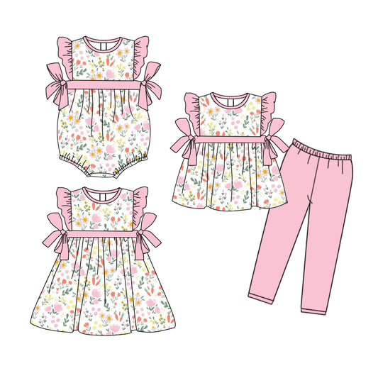 25.9.25 custom each style moq 8 eta 6-8week Sibling Sisters floral baby girl short sleeve pants sets and dress and rompers match family design