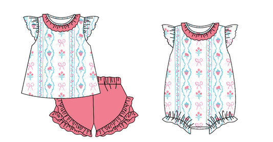 11.18 custom each style moq 5eta 4-6week Sibling Sister bow strawberry baby girl short sleeve shorts sets and rompers match design