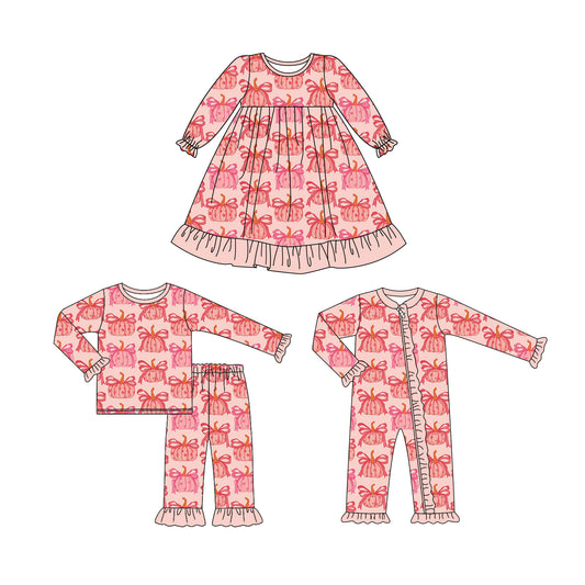 25.6.19 custom each style moq 5eta 4-6week Sibling Sisters pumpkin bow baby girl long sleeve pants sets and dress and rompers match family design