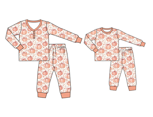 25.6.6 custom each style moq 5eta 4-6week Sibling Sister pumpkin bow long sleeve pants sets and adult sets match design