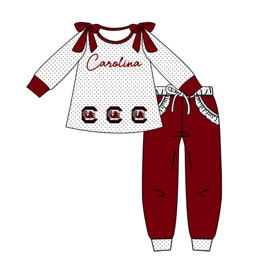 Custom moq 5 mix size milk silk summer teams baby girl clothes dark red long sleeve pants sets-25.10.14