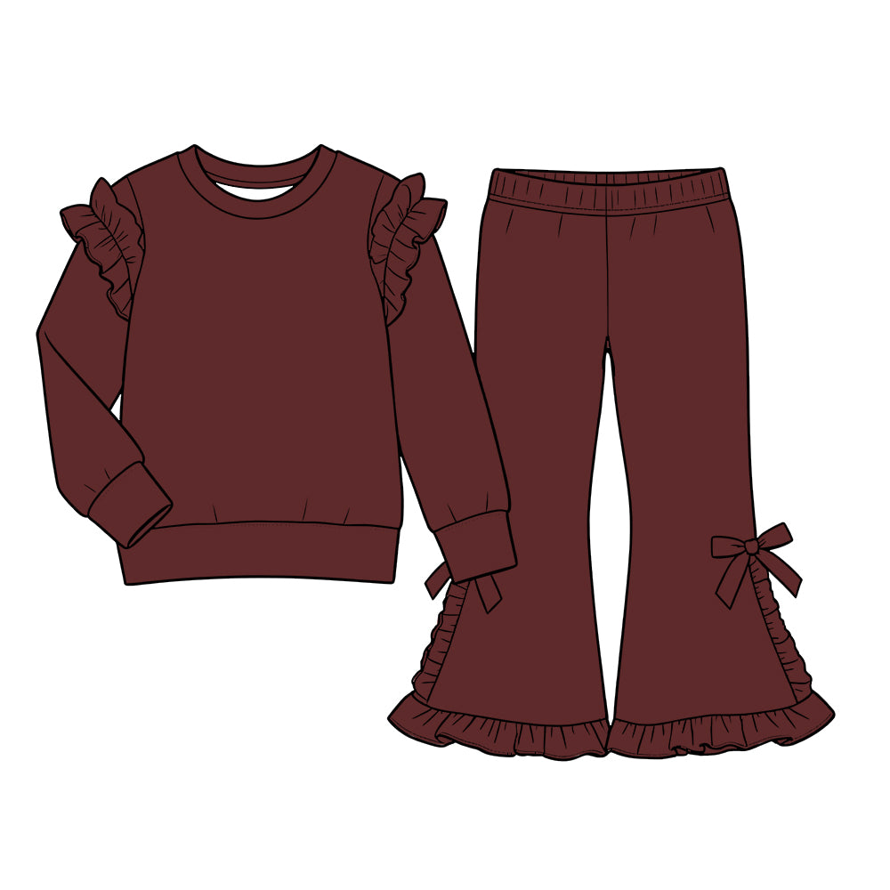 Custom moq 5  cotton fabric girls ruffle sets  solid color blank Dark brown long-sleeved sweatshirt with lace trim and matching slightly flared trousers featuring side bows