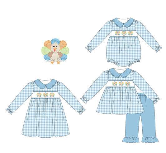 25.5.20 custom each style moq 5eta 4-6week Sibling Sisters turkey blue baby girl long sleeve pants sets and dress and rompers match family design