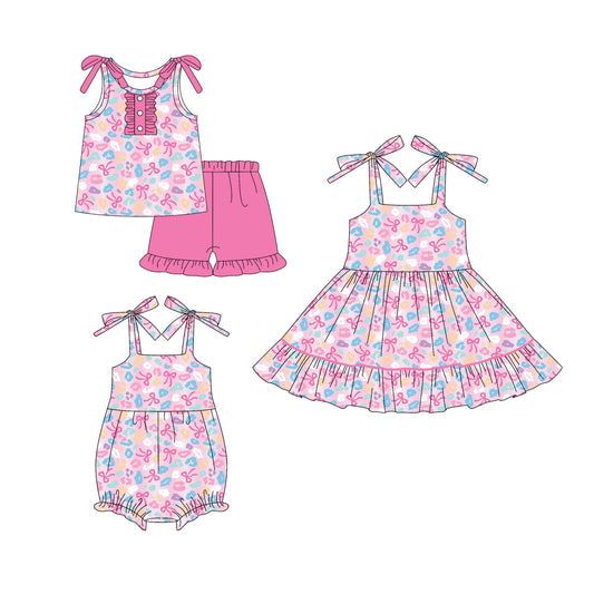 25.5.23 custom each style moq 5eta 4-6week Sibling Sisters bow pink baby girl short sleeve shorts sets and dress and rompers match family design