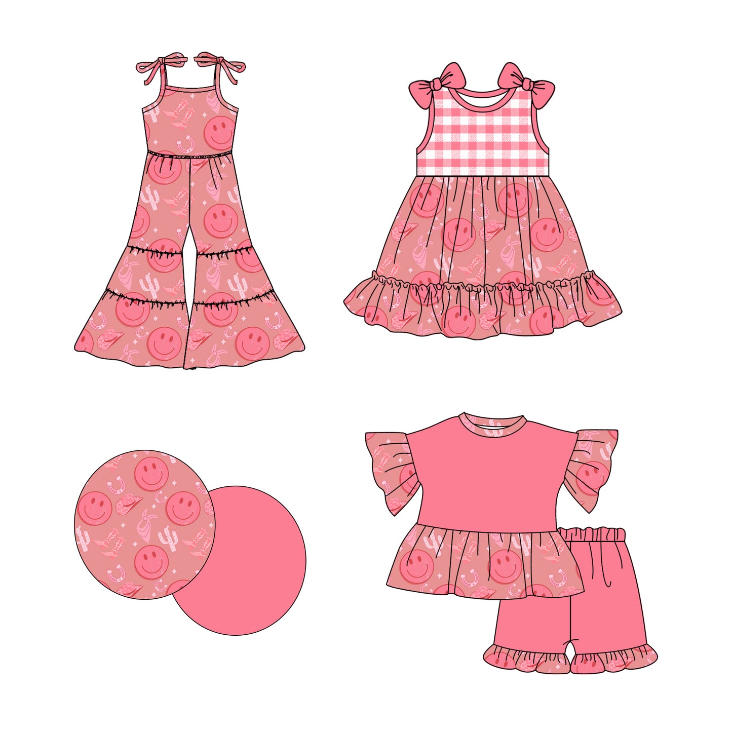 2.20 custom each style moq 5eta 4-6week Sibling Sister smiley baby girl sets and dress and jumpsuit match family design