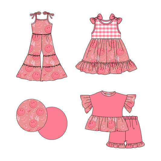 2.20 custom each style moq 5eta 4-6week Sibling Sister smiley baby girl sets and dress and jumpsuit match family design