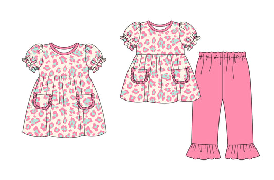 25.9.12 custom each style moq 5eta 6-8week Sibling Sisters leopard baby girl short sleeve pants sets and dress match family design