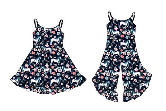 3.1 custom each style moq 5eta 4-6week Sibling Sister horse floral baby girl dress and jumpsuit match family design