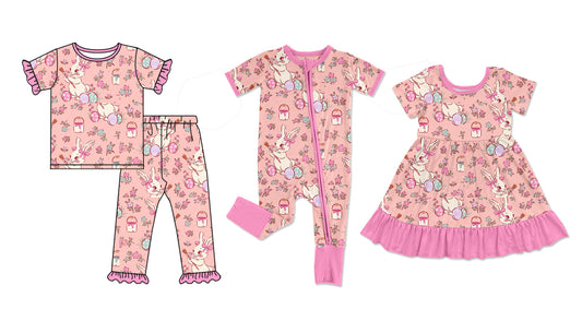 25.9.30 custom each style moq 8 eta 6-8week Sibling Sisters easter bunny baby girl short sleeve pants sets and dress and rompers match family design