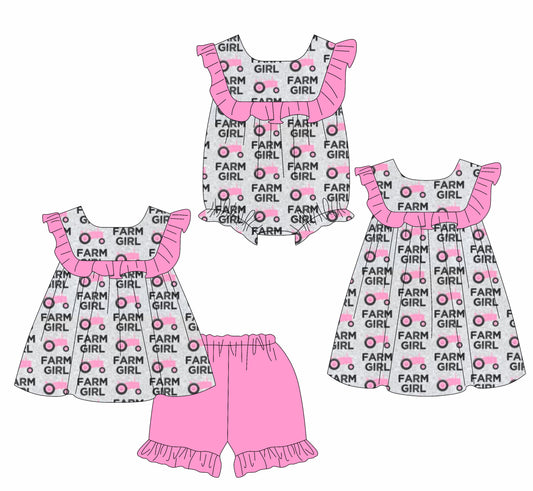 2.11 custom each style moq 5eta 4-6week Sibling Sisters farm baby girl short sleeve shorts sets and dress and rompers match family design