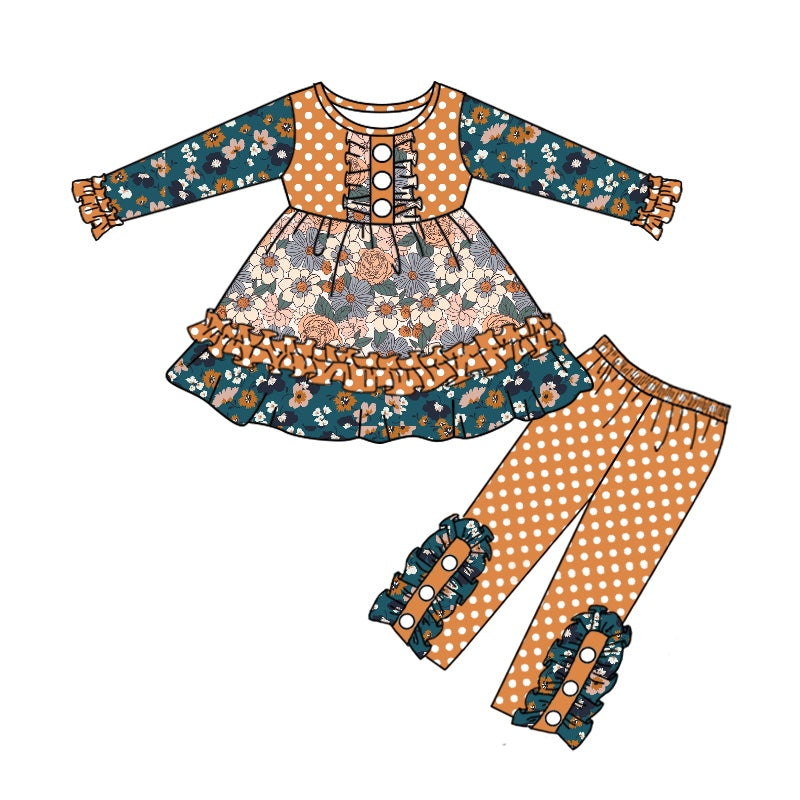 5.9custom each style moq 5eta 4-5week Sibling Sister Retro floral print Earthy yellow dots green girls set and baby romper match family design