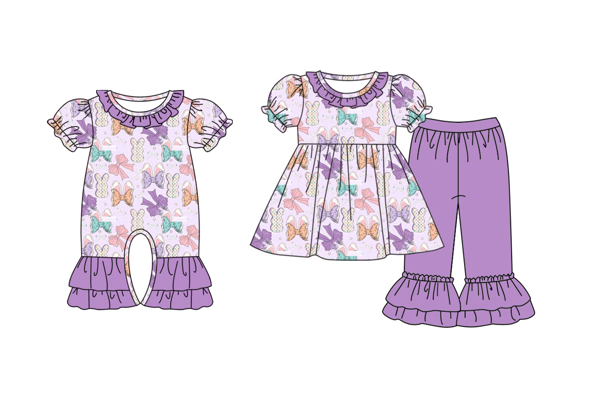 25.9.22 custom each style moq 8 eta 6-8week Sibling Sisters bunny bow baby girl clothes short sleeve pants sets and romper match family design