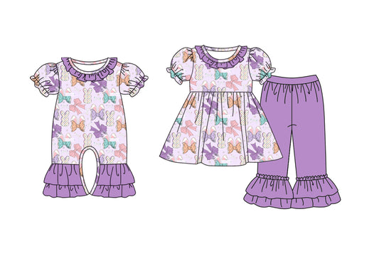 25.9.22 custom each style moq 8 eta 6-8week Sibling Sisters bunny bow baby girl clothes short sleeve pants sets and romper match family design