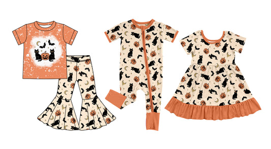 25.7.7 custom each style moq 5eta 4-6week Sibling Sisters pumpkin bats baby girl short sleeve pants sets and dress and rompers match family design