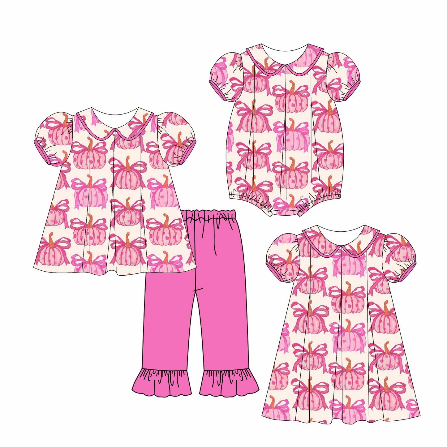 4.28 custom each style moq 5eta 4-6week Sibling Sisters bow pumpkin baby girl short sleeve pants sets and dress and romper match family design