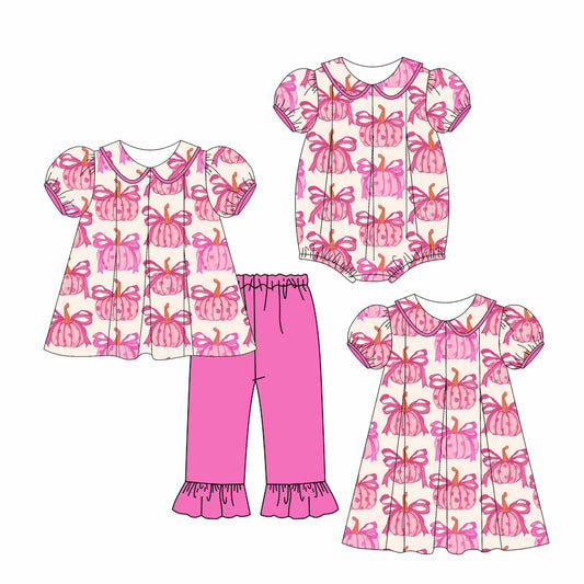 4.28 custom each style moq 5eta 4-6week Sibling Sisters bow pumpkin baby girl short sleeve pants sets and dress and romper match family design