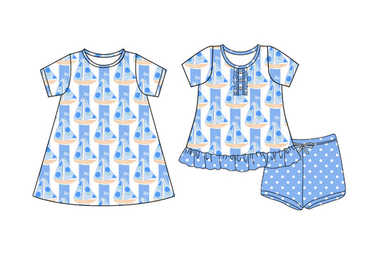 4.10 custom each style moq 5eta 4-6week Sibling Sister boat blue baby girl short sleeve shorts sets and dresses match design