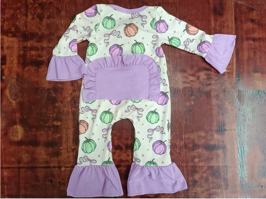 Custom moq 3 eta 6-7weeks Pumpkin bow pattern purple flared cuffs long romper