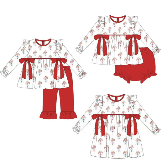 Custom moq 5 each style eta 6-7weeks baby girl clothes Christmas long sleeve pants and dress and briefs sets