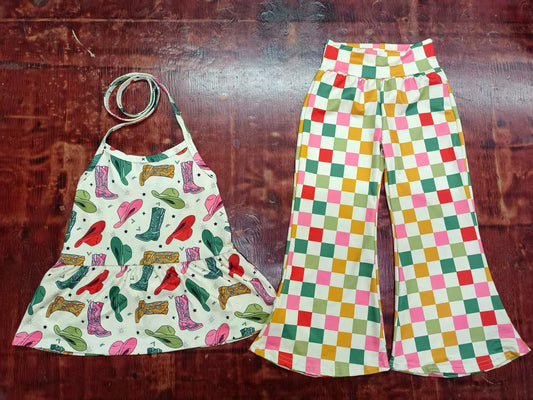 Custom moq 3 eta 6-7weeks baby girl clothes boot hat plaid suspender top and pants set-25.5.9