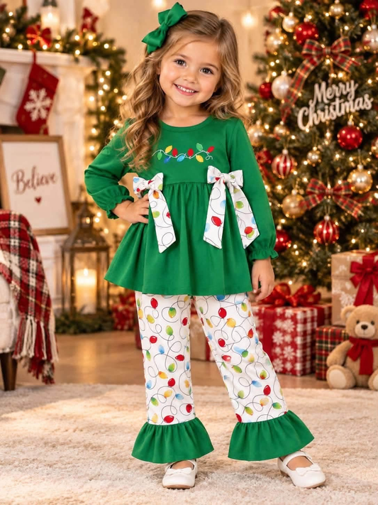 RTS NO MOQ（In Stock) GLP2491 Embroidered Christmas Lights Bow Green Long-Sleeve White Pants Set