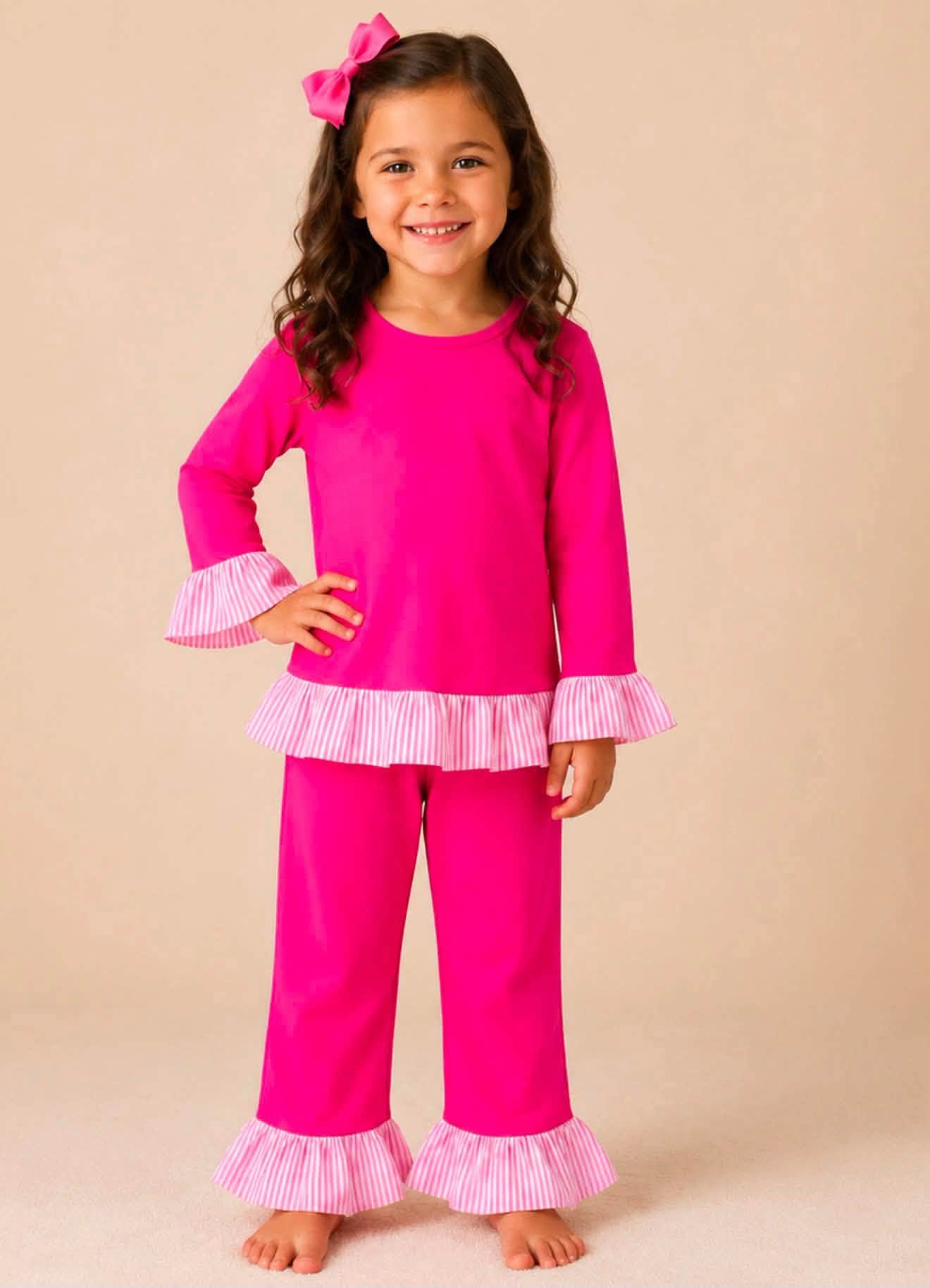 custom moq 5 mix size Cotton fabric EAROML0101 Baby Girls Long Sleeve Ruffle Trim Top Stripe Ruffle Cuff Hem Pant Pajama Set