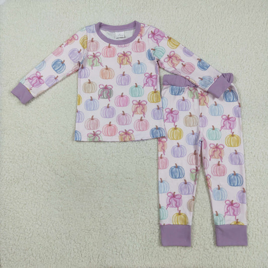 RTS NO MOQ（In Stock) GLP2597 Pink and purple long-sleeved pantsuit with a colorful bow pattern